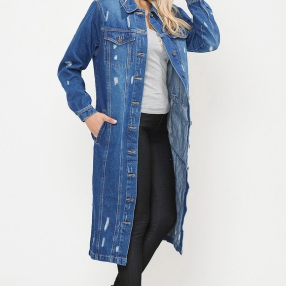 LIGHTLY DISTRESSED LONG DENIM JACKET - Picture 2 of 5